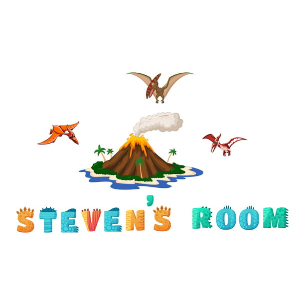 Custom name Cartoon Volcanic Island DesignWall Decal Decoration Joyful  Cartoon Cartoon Animals Decorating Ideas for Child's Bedroom Size: 30 In(W)  x 18 In(H) 