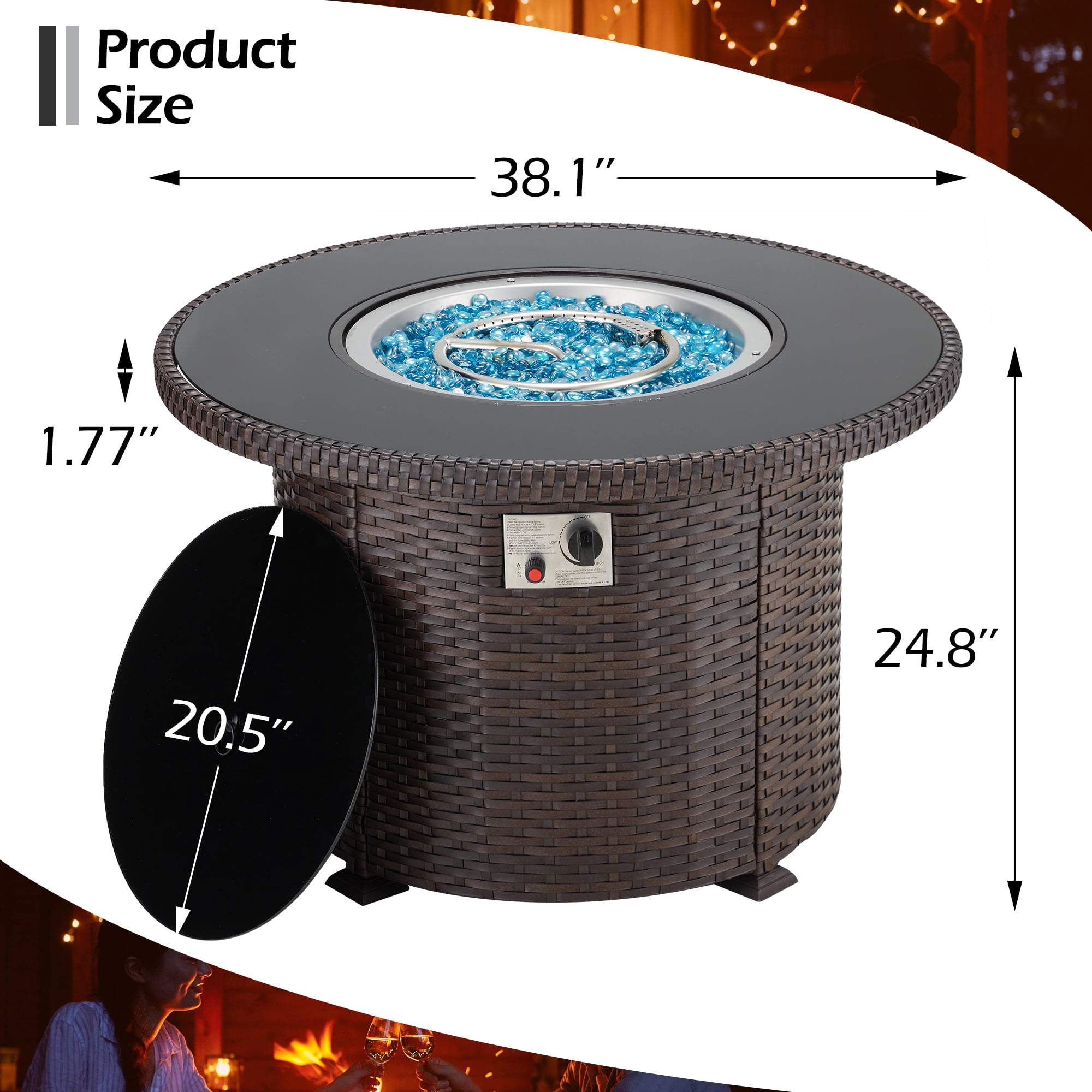 HOMREST Propane Gas Fire Pit Table, 38.1'' Round Fire Pit Table 50,000 BTU CSA Certified Outdoor Patio Wicker Fire Table with Weather-Resistant Cover