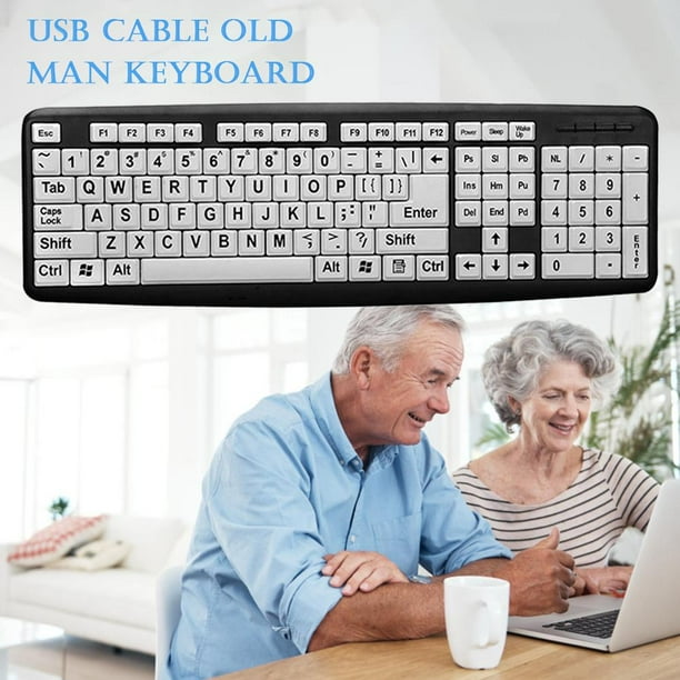 104 teclas USB con cable Letra grande Teclas blancas Teclado con letras negras para personas mayores