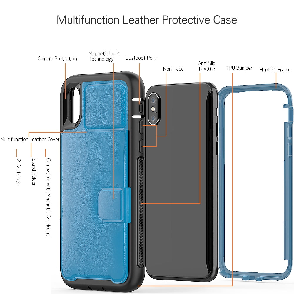 BUNDLE: Kona Vegan Leather Folio Wallet Case (Blue) & Selfie Stick Mini Tripod 2.0 (Silver) for Apple iPhone XS / X - Kickstand, Card Slots, Car Mount Compatible, Magnetic Closure