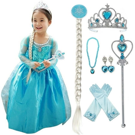 Snow Queen Princess Elsa Costumes Birthday Dress Up for Little Girls with Crown,Mace,Gloves