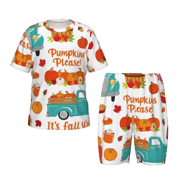 Fotbe Fall Pumpkins Pijama Estampada de 2 Piezas para Niños – Ropa de Dormir de Manga Corta Cómoda para Niños y Niñas, Camiseta y Shorts de Algodón-XX-Large