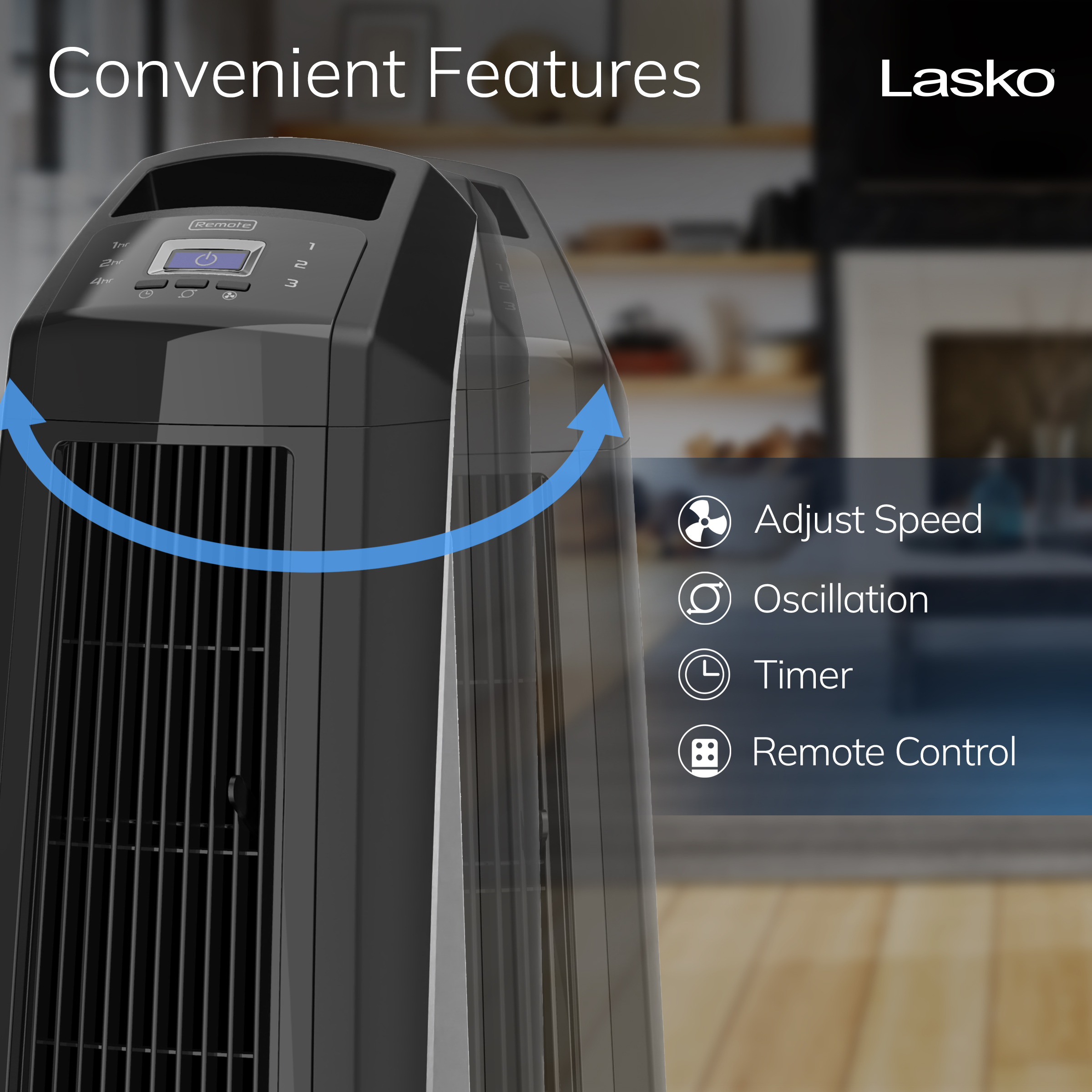 Lasko 3-Speed Remote Controlled Oscillating High Velocity Tower Fan, U35122