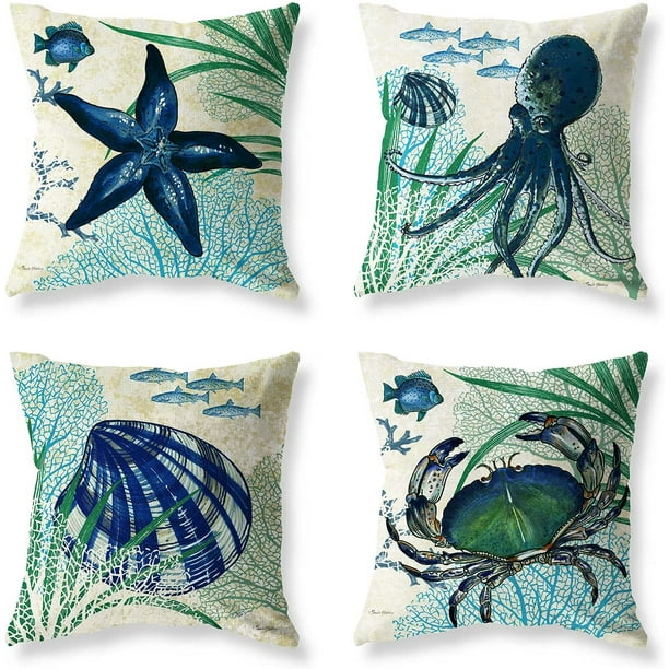 Set of 4 Blue Ocean Beach Outdoor Cotton Linen Throw Pillow Covers 18x18 Inch Starfish Sea Crab Octopus Shell Decorative Throw Pillows Square Cushion