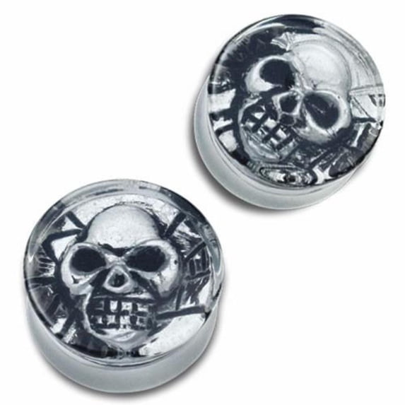 Acrylic Double Flared Reversable Clear Plug W/ Ancient Aztec Skull Design
