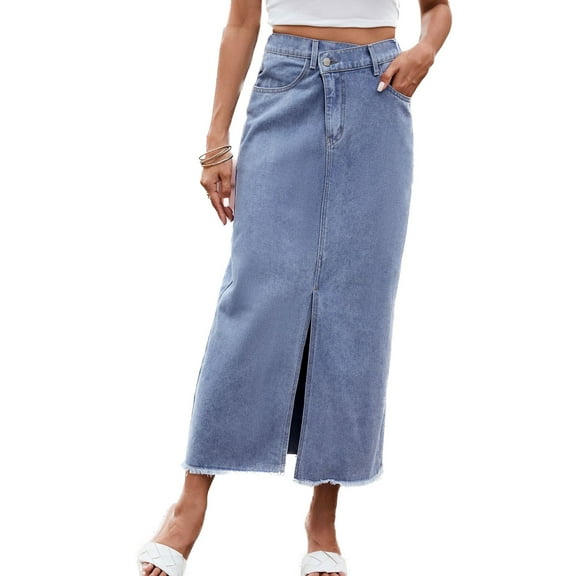 SWSMCLT Women's High Waist Maxi Jean Skirt Asymmetric Mid Rise Tea Length Fall Vintage Casual Fashion Spring Long Denim Skirts Full Length Elastic Waist Split Summer Slim Fit Blue Medium