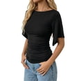 thumbnail image 2 of MOYIKO T Shirts for Women Boat Neck 3/4 Flare Sleeve Ruched Fitted Shirts, 2 of 7