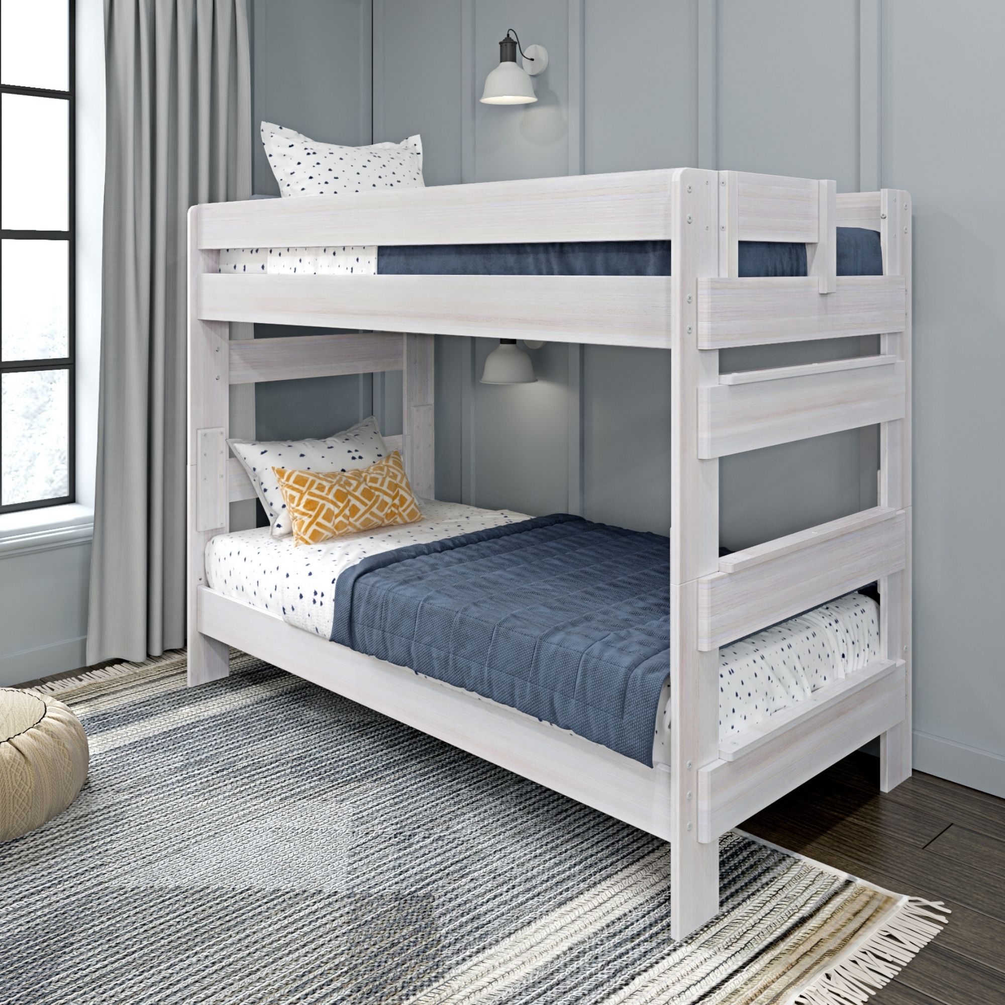 Max & Lily Twin Over Twin Bunk Bed, Farmhouse Solid Wood Kids Bedroom Furniture, White Wash
