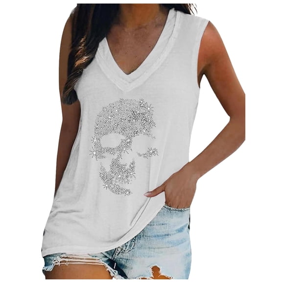 DHFJKG Women's V Neck Sleeveless Tank Top Rhinestone Skull Pattern Gothic Clothes Loose Fit Summer Tunic Stylish Tops