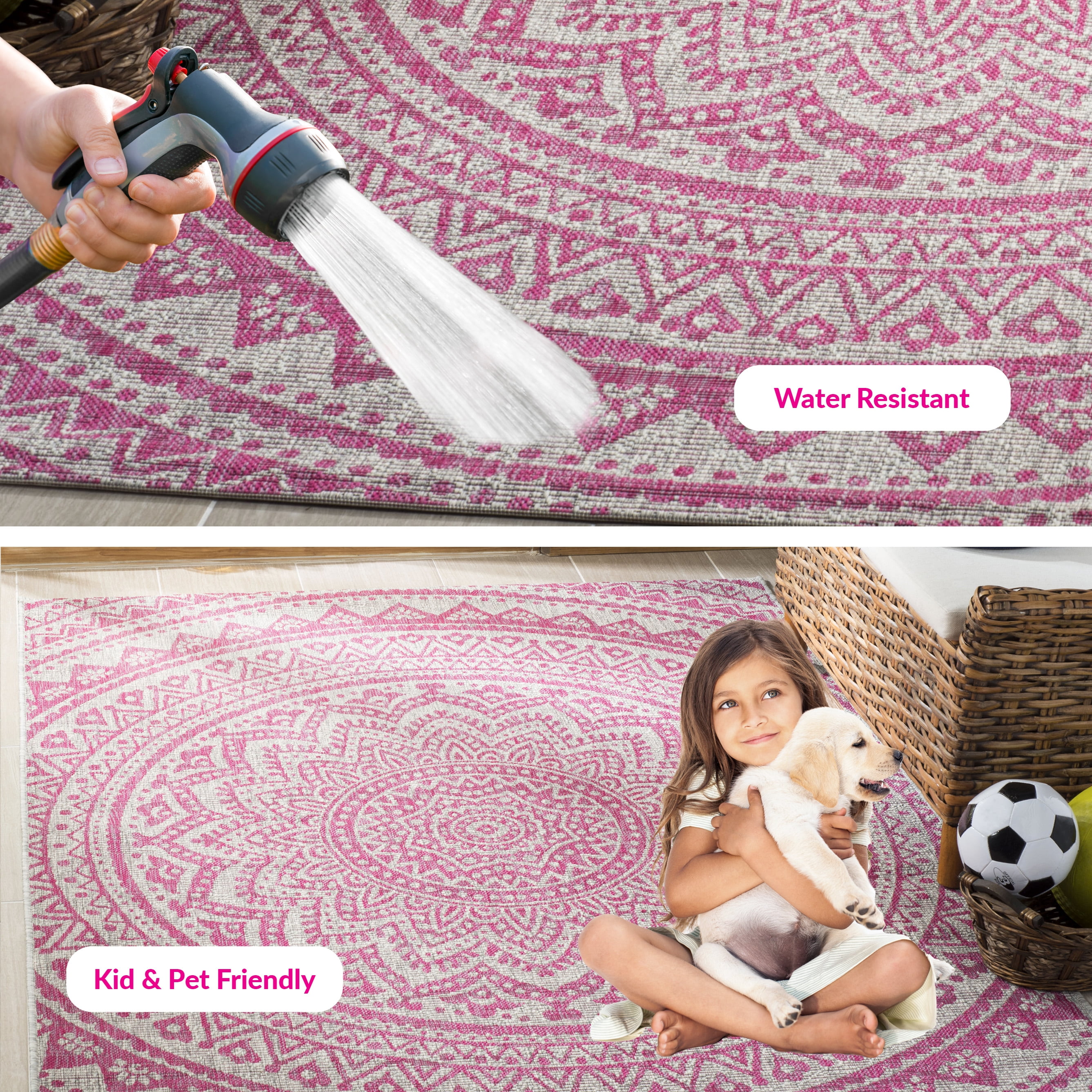 SAFAVIEH Courtyard Josiah Floral Medallion Indoor/Outdoor Area Rug, 6'7" x 6'7" Square, Light Grey/Fuchsia