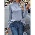 thumbnail image 3 of Womens Eyelet Mock Neck Long Sleeve Shirts Top Dressy Casual Trendy Business Stretch Hollow Out Tee Light Blue M, 3 of 7