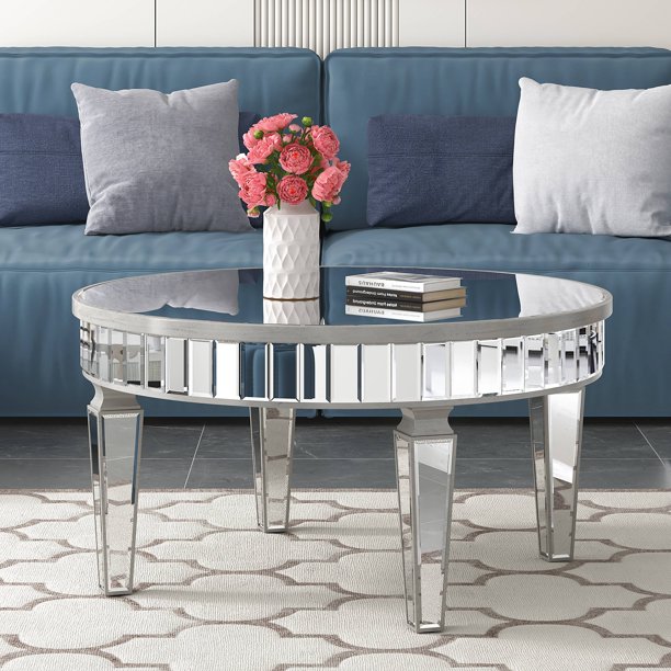 Mirrored Coffee Table Modern Round Coffee Table Silver Accent Table for Living Rooms Decor