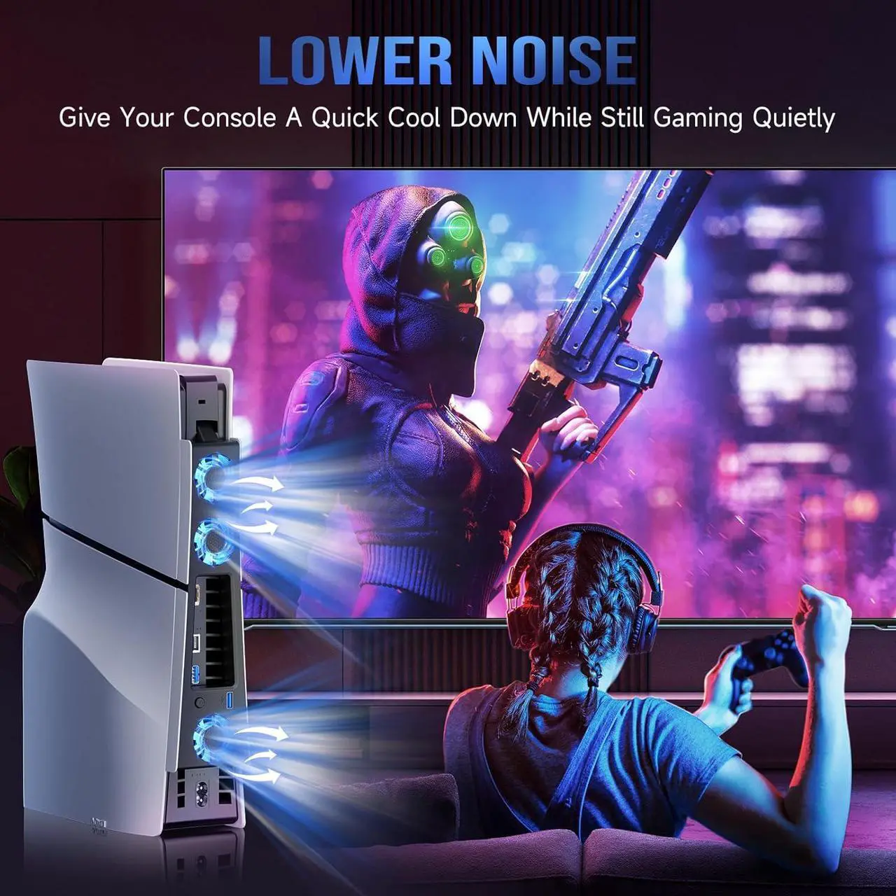 PS5 Slim Cooling Fan,Quiet Cooling System for PS5 Slim Digital/Discs Edition with 3 Fans/USB 3.0 Port,PS5 Slim Cooler Accessories with LED Light,Not for PS5 2020 and PS5 Pro