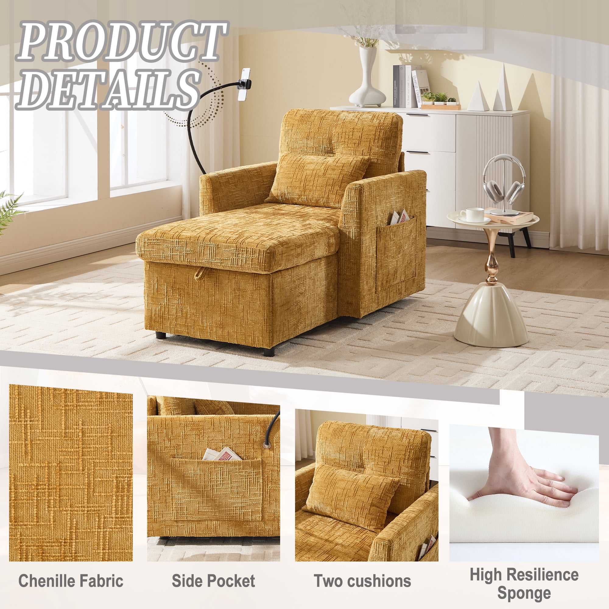 EPOWP Multifunctional lazy person sofa recliner can be stored storage backrest with cell phone bracket chenille single leisure chair for living room bedroom small household