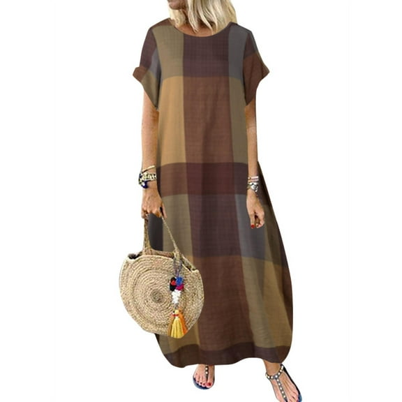 ZANZEA Women Vintage Plaid Check Short Sleeve Kaftan Long Dress