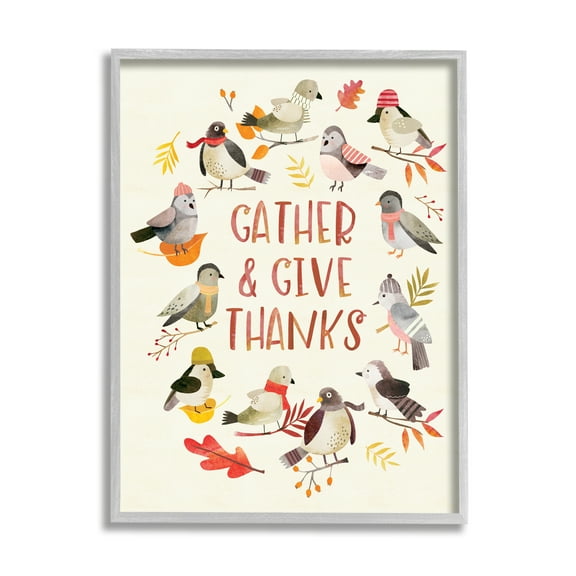 Stupell Industries Gather Give Thanks Acknowledgement Adorable Autumn Birds, 16 x 20, Designed by Laura Watson