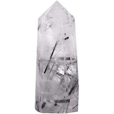 Angelstones Natural Black Rutilated Quartz Gemstone Healing Crystal Hexagonal Pointed Reiki Chakra Faceted Prism Wand Carved Stone Figurine Home Decor