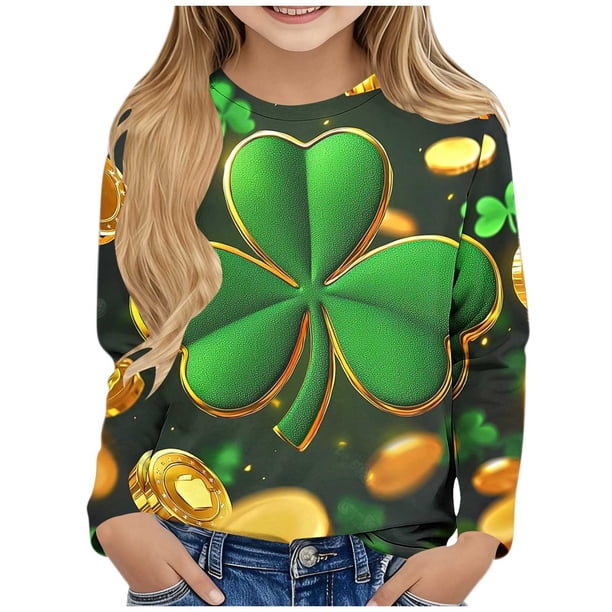 Blusas y camisas de manga larga con cuello redondo y estampado de San Patricio para niños, blusa informal de manga larga con cuello redondo, blusa de poliéster para niñas