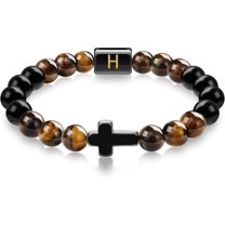 Mens Bracelet, Cross Bracelet Letter A-Z Initial Bracelet for Men Onyx Tigers Eye Beaded Bracelet Religious Christian Bracelet Anniversary Birthday Gifts for Men Dad Husband Son Mens Jewelry