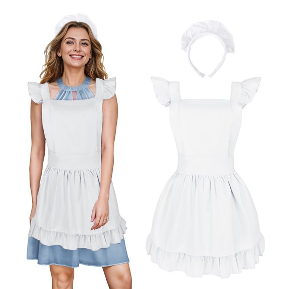 Aspire Retro Ruffle Apron with Head Band, Christmas Adjustable Cotton Apron - Women's Maid Costume