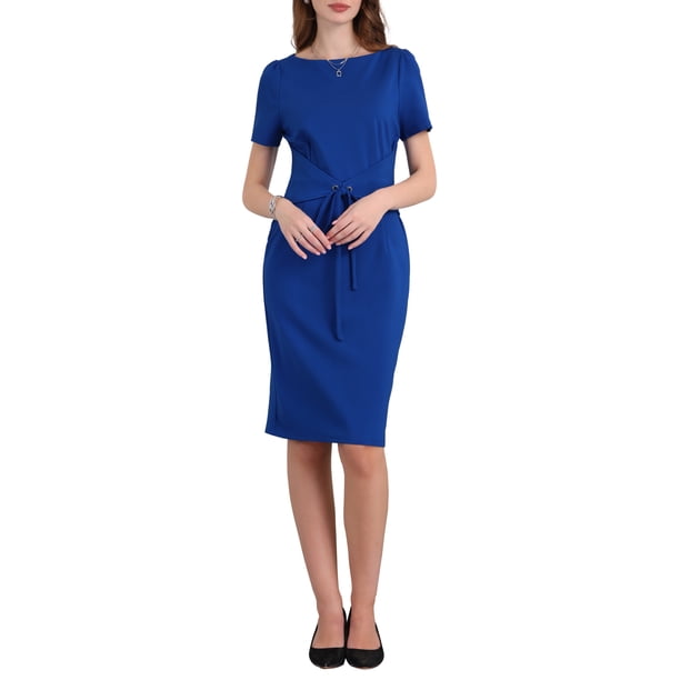 INSPIRE CHIC Vestido de Lápiz para Mujeres para Trabajar con Cuello Barco, Cintura con Lazo, Mangas Cortas, Vestidos Ajustados en Azul Real