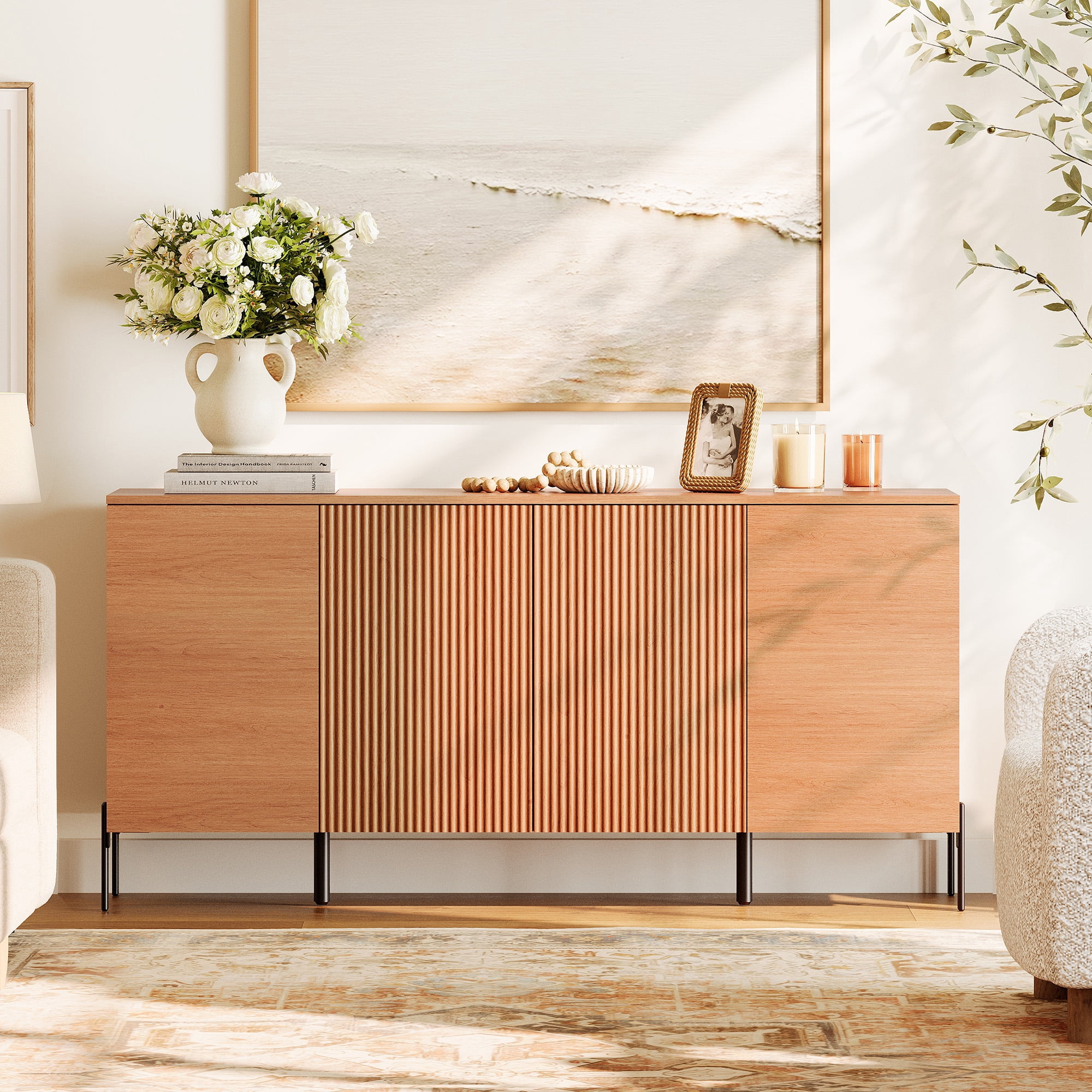 WAMPAT 61" Accent Cabinet with 4 Doors and Adjustable Shelves, Modern Credenza Storage Cabinet with Minimalist Reeded Design for Living Room, Kitchen, Dining Room, Hallway