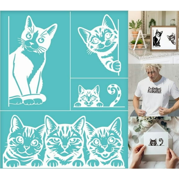 2 Sheets Silk Screen Stencil Interesting Cats Painting Stencils Templates Reusable Self-Adhesive Silk Screen Printing
