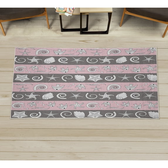 Nautical Decorative Rug, Marine Theme Sea Animals Fishes Shells on Striped Blue Background, Quality Carpet for Bedroom Dorm and Living Room, 6 Sizes, Dimgray Blush, by Ambesonne