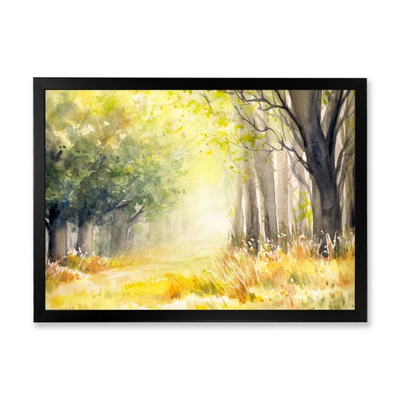 Designart 'Bright Sunshine Through The Yellow Forest Trees III' Traditional Framed Art Print