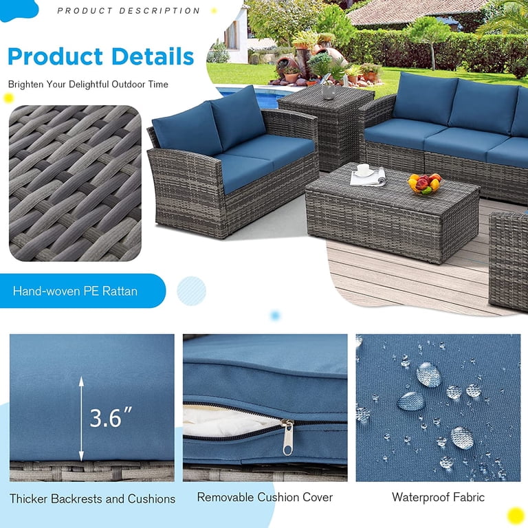 7-Piece Outdoor Patio Sectional Set - Modular Rattan Sofa With Thick Cushions & Coffee Table