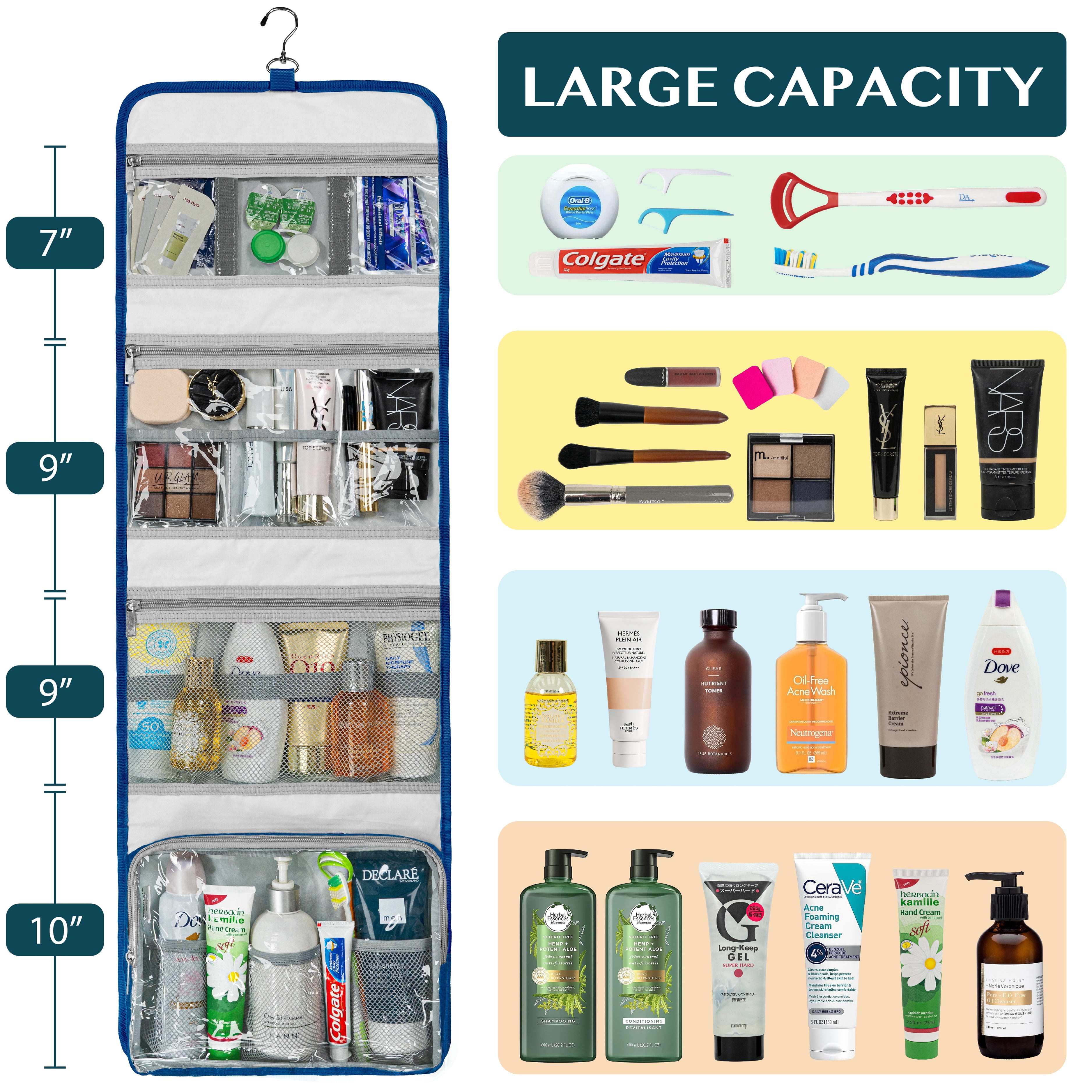 PAVILIA Travel Hanging Toiletry Bag for Women Men, Extra Large Capacity Makeup Bag Kit, Waterproof Cosmetic Storage Organizer Case for Bathroom Shower, Royal Blue