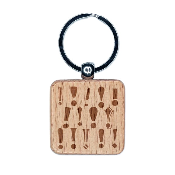 Exclamation Points Congratulations Square Keychain Charm Tag - Engraved Wood