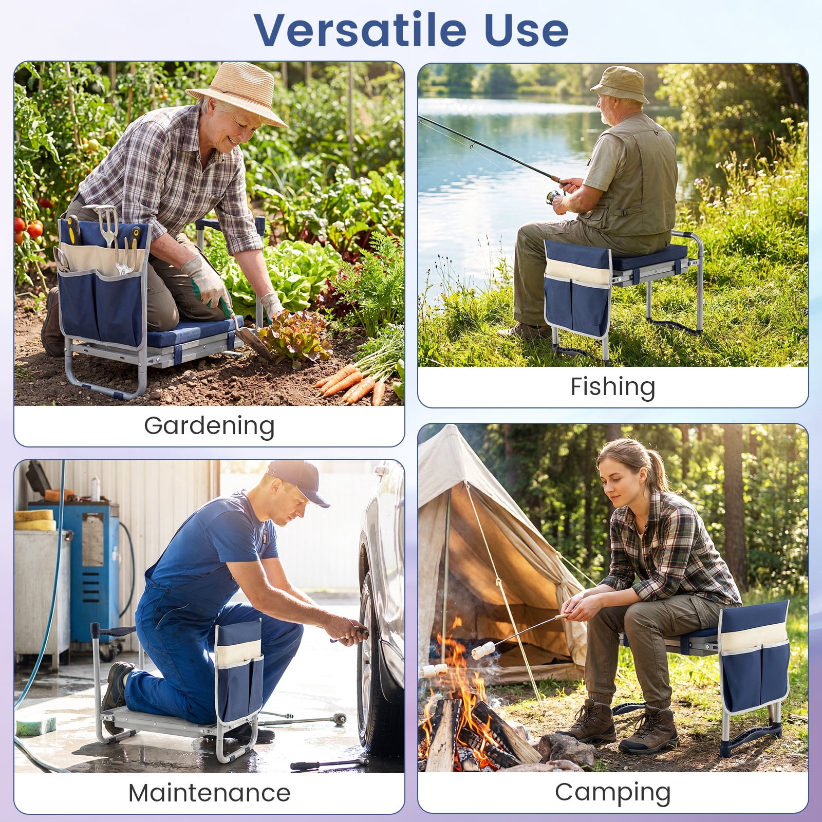 Costway Garden Kneeler and Seat, Foldable Gardening Stool with Wide EVA Foam Padding Navy