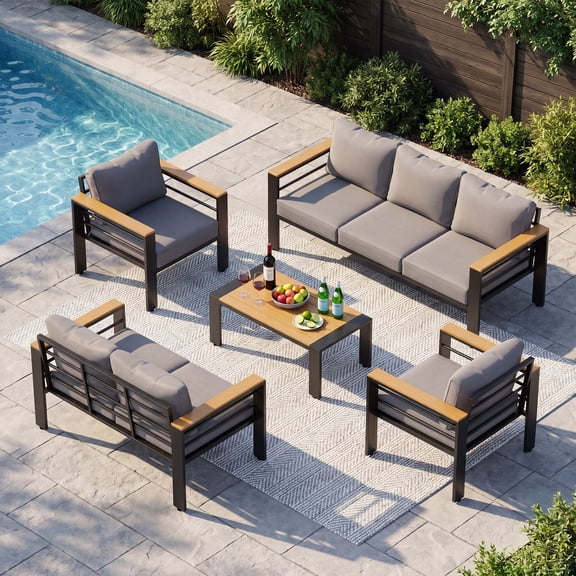 LAUSAINT HOME 5-Piece Outdoor Patio Conversation Set with Aluminum Frame, 5.5" Thick Olefin Cushions, Wood-Grain Coffee Table, Weatherproof for Lawn Garden Poolside