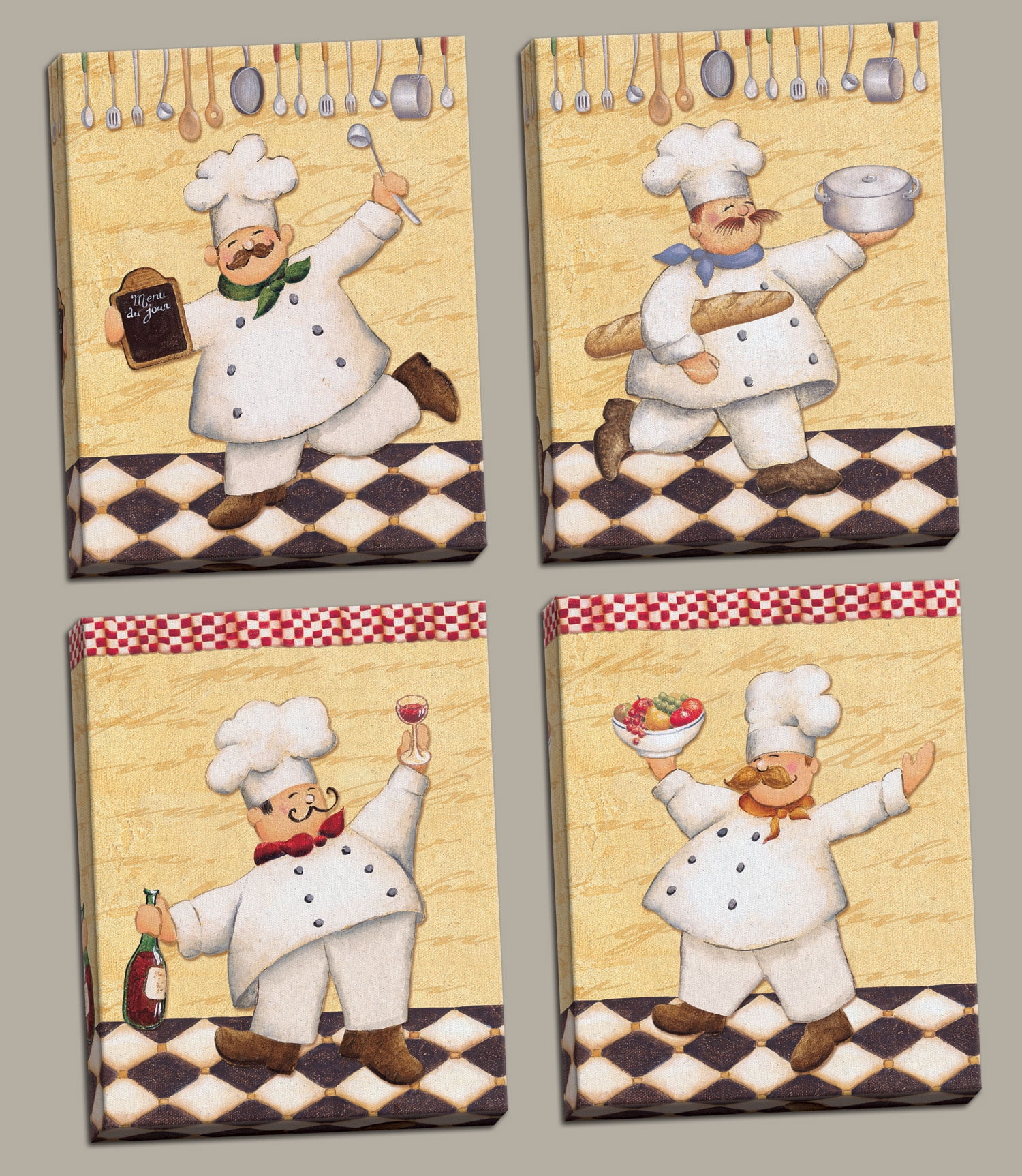 4 Happy French Chef Set; Kitchen Decor; Four 8x10'sin ...