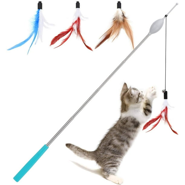 IN 1 Interactive Feather Cat Toys Pet Cat Toy Fishing Rod Retractable  Feathers Funny Cat Pole Five Replacement Head Tools