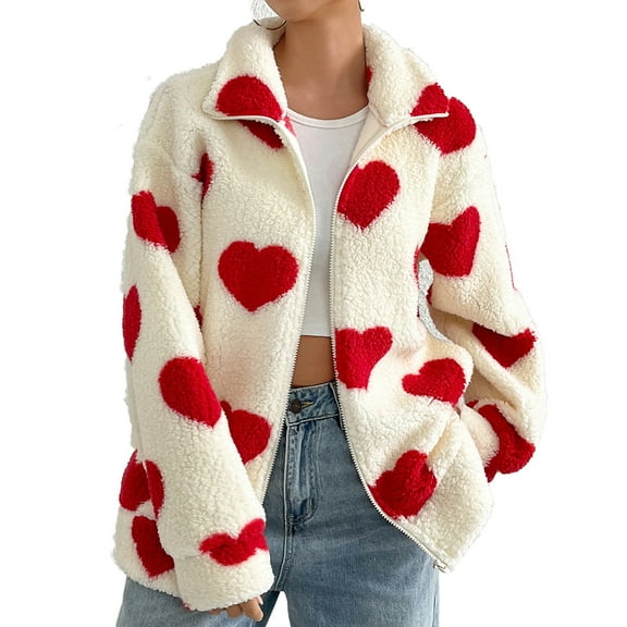 ZVNAΖH Women's Full Zip Fuzzy Fleece Jacket Love Heart Graphic Lapel Oversized Coat Fall Winter Warm Outerwear with Pockets, Christmas Gift