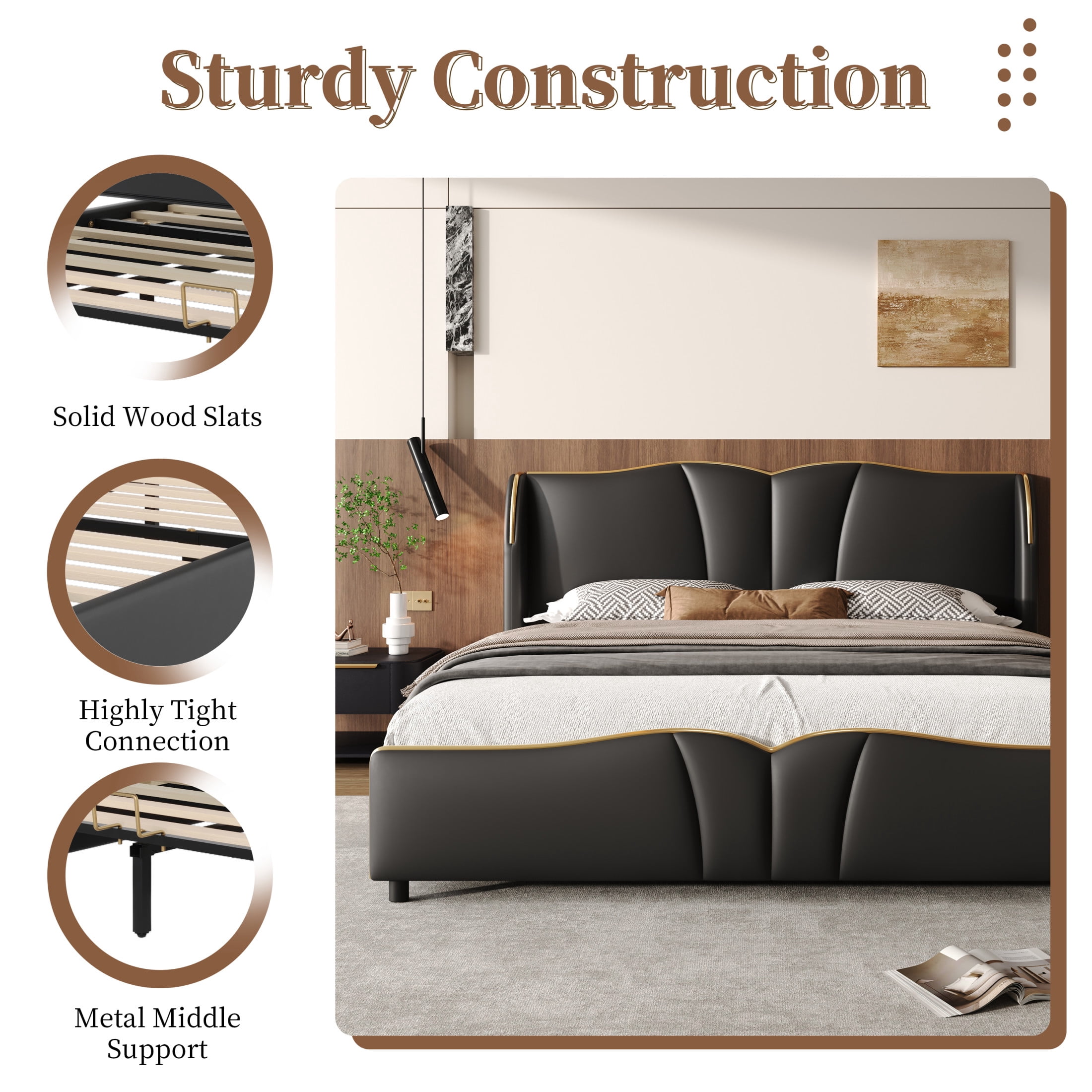 Christopher Knight Home Luxury PU Upholstered Queen Bed Frame with Wingback Headboard, Black
