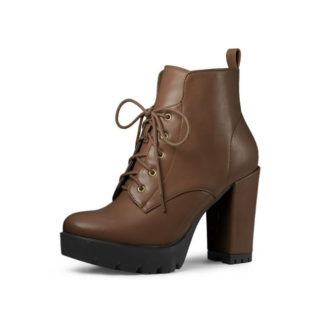 Unique Bargains Women's Round Toe Block High Heel Lace Up Platform Boots