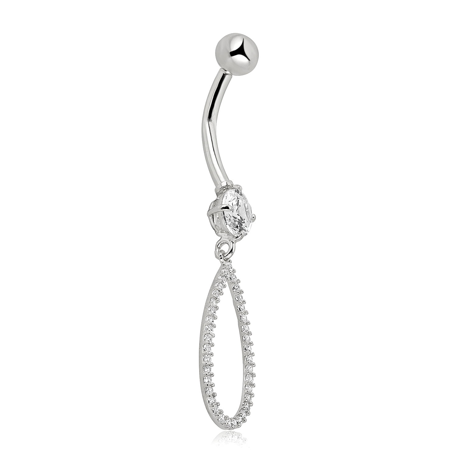 AVORA 10K White Gold Simulated Diamond CZ Open Teardrop Dangling Belly Button Ring Body Jewelry (14 Gauge)