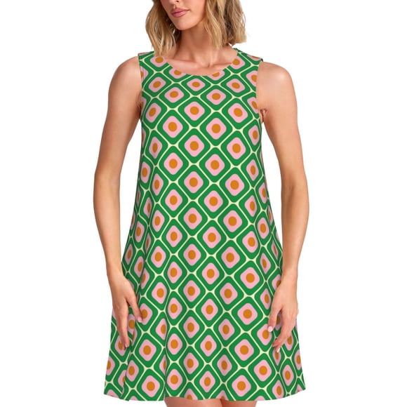 Bixox 60s and 70s Style Print Women's Sleeveless A-Line Dress with Pockets, Casual Knee-Length Tank Dress for Summer-Medium