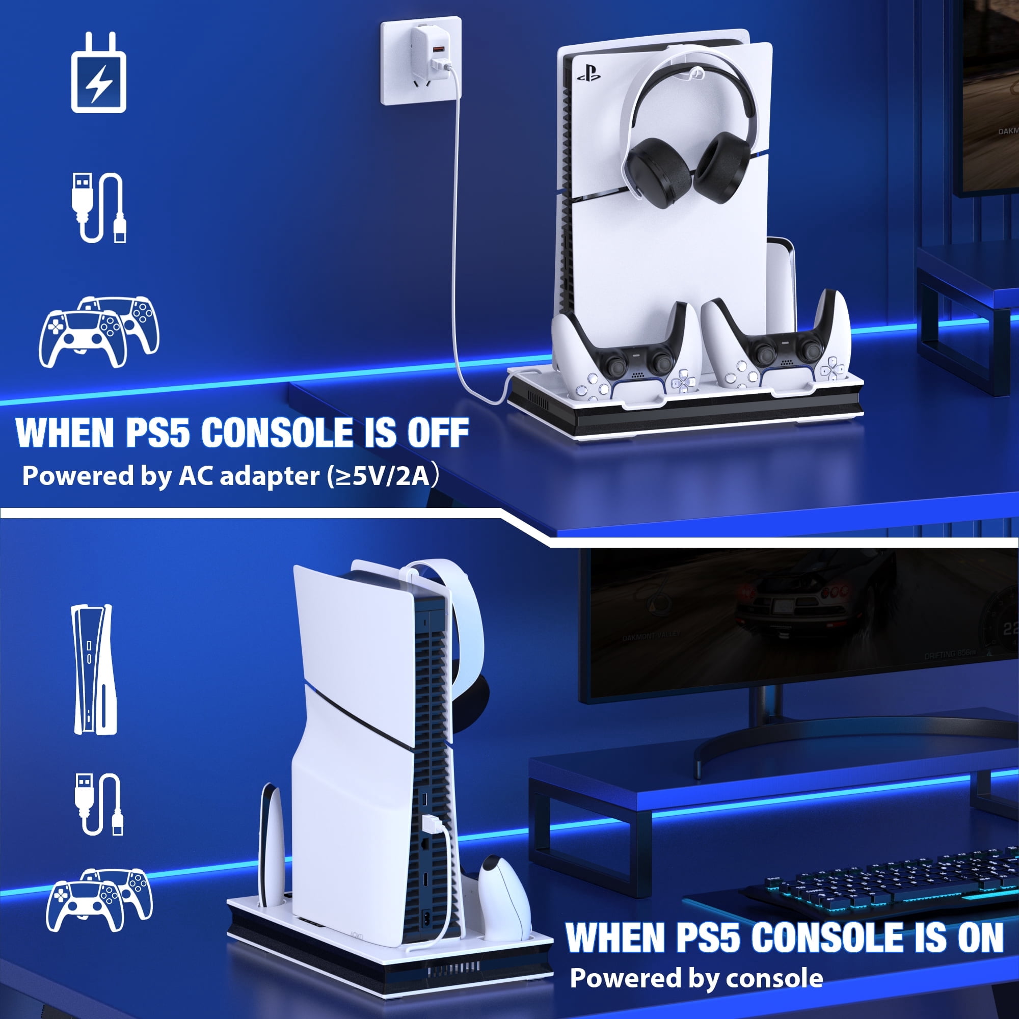 Daenfyy PS5 Stand for PS5/PS5 Slim, PS5 Cooling Station Stand with Cooling Fan, Dual Controller Charger, Headset Holder, 3 Charger Port