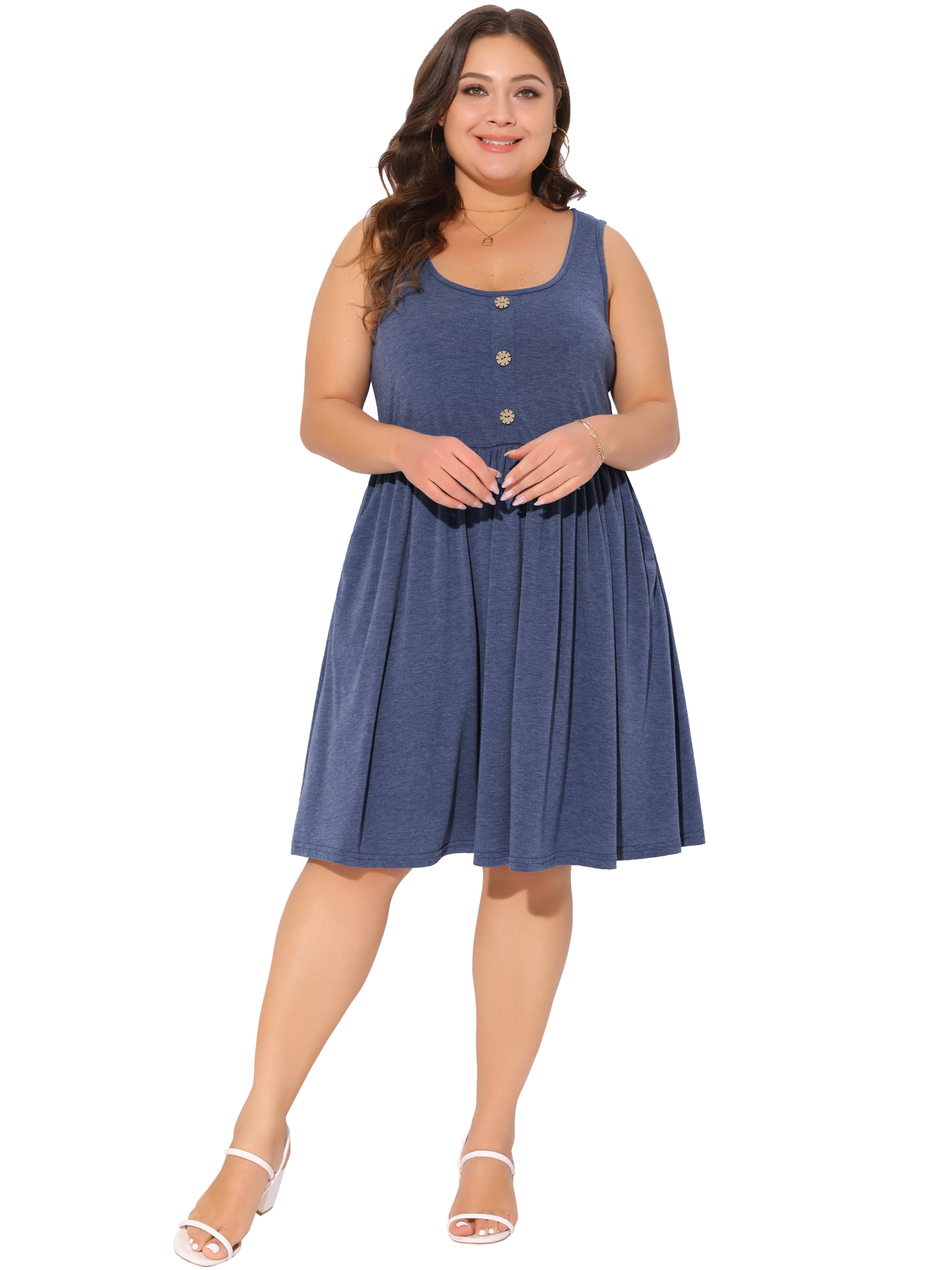 DARING DIVA Plus Size Button Down Elastic Waist Swing Tank Dress 2X Blue
