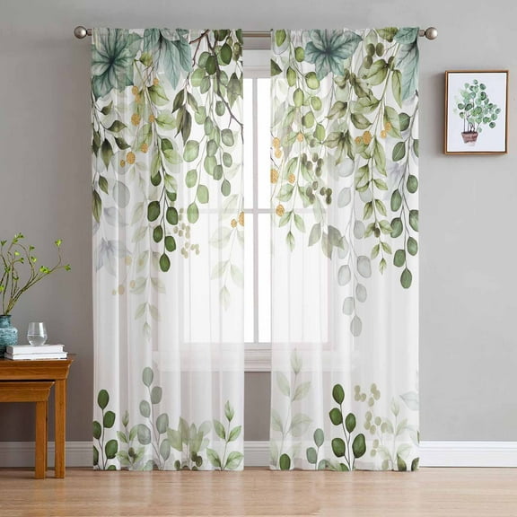 Green Eucalyptus Leaves Sheer Curtains 84 Inch Length 2 Panels Set for Living Room/Bedroom, Summer Botanical Weeping Semi Curtain Sheers Drapes Rod Pocket Curtains Window Treatment Set 52''x84''x2