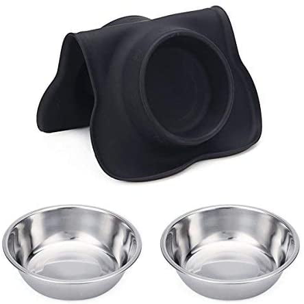 Ubbi Pet Feeding Bowls and Silicone Mat Set, One Elevated and One Flat Stainless Steel Bowl with Non-Slip Silicone Mat, Pet Feeder Bowls for Dogs or