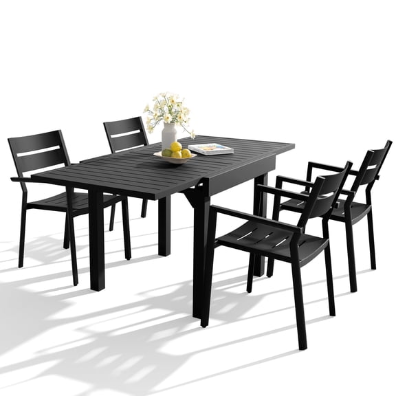 Crestlive Products 5-Piece Aluminum Patio Dining Set for 4, Outdoor Expandable Table and Stackable Chairs with Armrest, Black