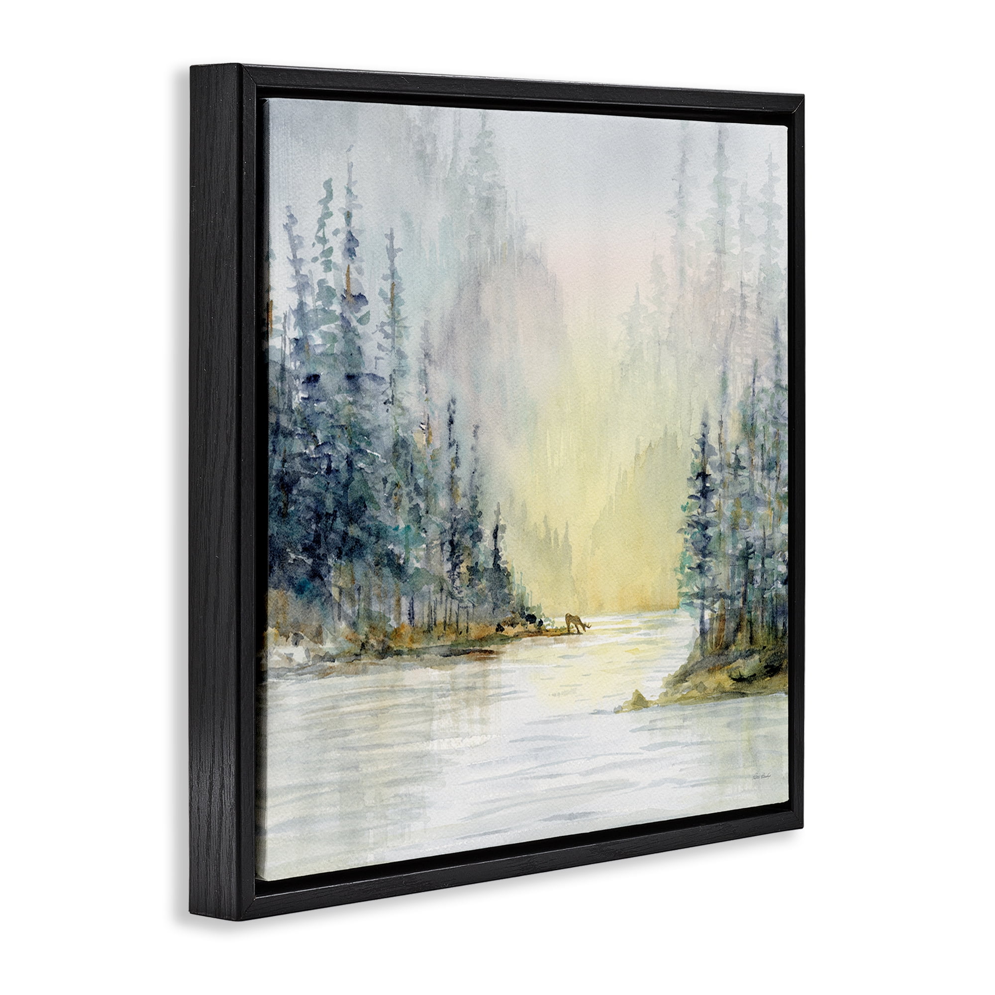 Stupell Industries Woodland Lake Scene Landscape & Nature Painting Black Floater Framed Canvas Art Print Wall Art, 18 x 18