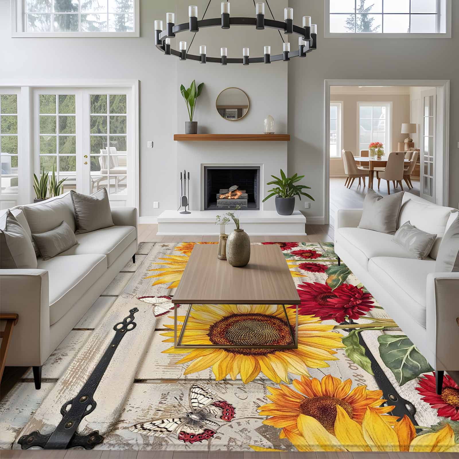 Rectangle Area Rugs 5 x 7 Ft, Red Yellow Sunflowers Non-Slip Residential Carpet, Retro Rustic Barn Doors Butterfly Brown Indoor Crawling Mats Runner Rugs for Living Room/Dining Room/Bedroom