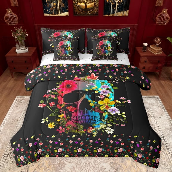 jejeloiu Colorful Cute Flowers 7-Piece Twin Bedding Sets,Gothic Skull Bedding Comforter Set,Happy Velantine'S Day Sheet Sets For Men Women,Breathable Home Decor Reversible