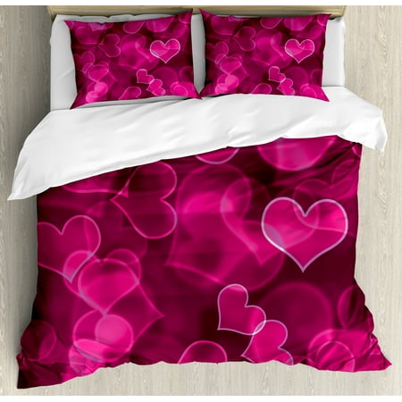 Hot Pink Duvet Cover Set, Cute Sweet Heart Shapes on Blurry Background Romantic Valentine's Day Design, Decorative Bedding Set with Pillow Shams, Magenta Hot Pink, by